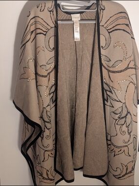 Chico's Beige & Black Embellished Knit Poncho